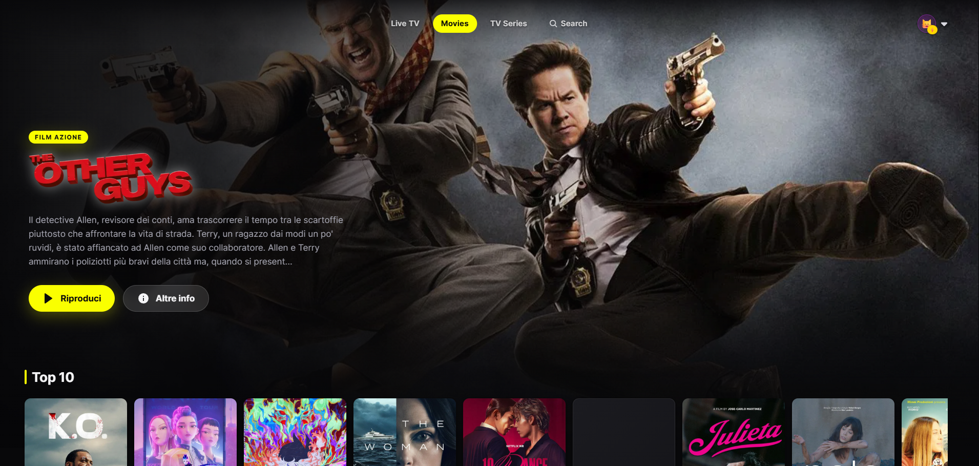Schermata principale del player J-IPTV con film in evidenza e riga Top 10