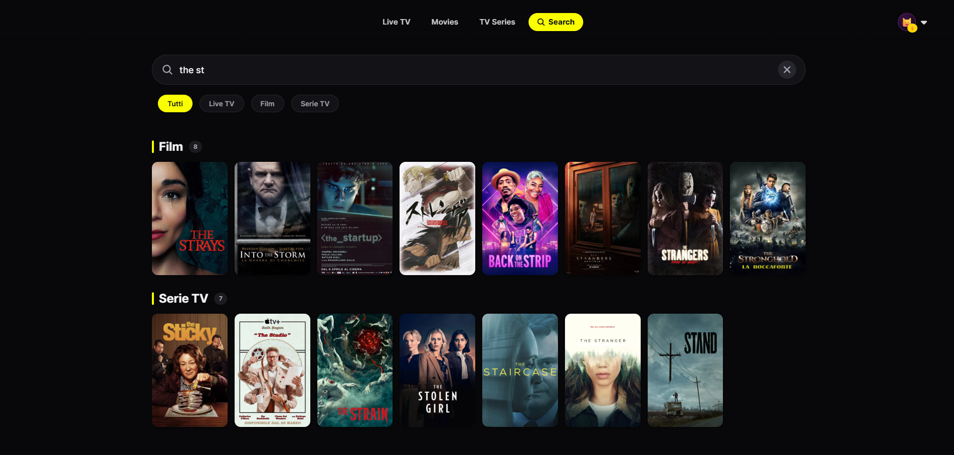 Ricerca tra Live TV, film e serie con risultati a griglia